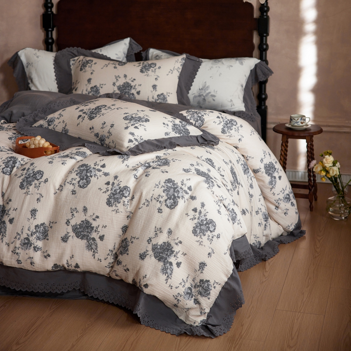 91家纺网 家纺一手货源 找家纺 （总）简纯主义 2025新款100%棉皱皱纱四件套-花甜系列