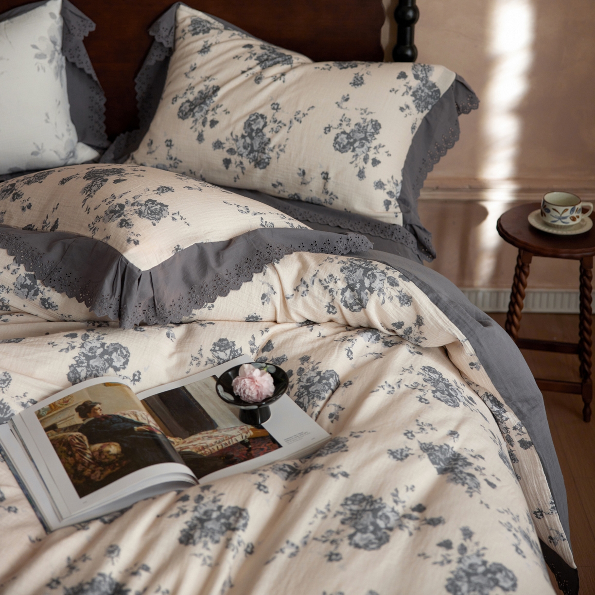 91家纺网 家纺一手货源 找家纺 （总）简纯主义 2025新款100%棉皱皱纱四件套-花甜系列