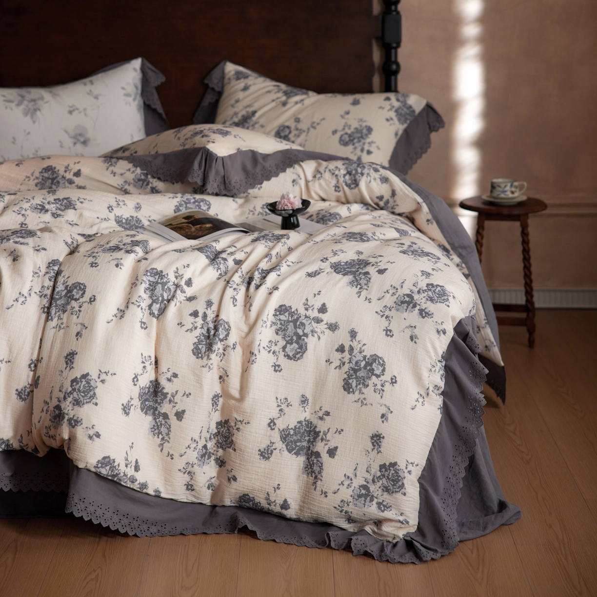 91家纺网 家纺一手货源 找家纺 （总）简纯主义 2025新款100%棉皱皱纱四件套-花甜系列