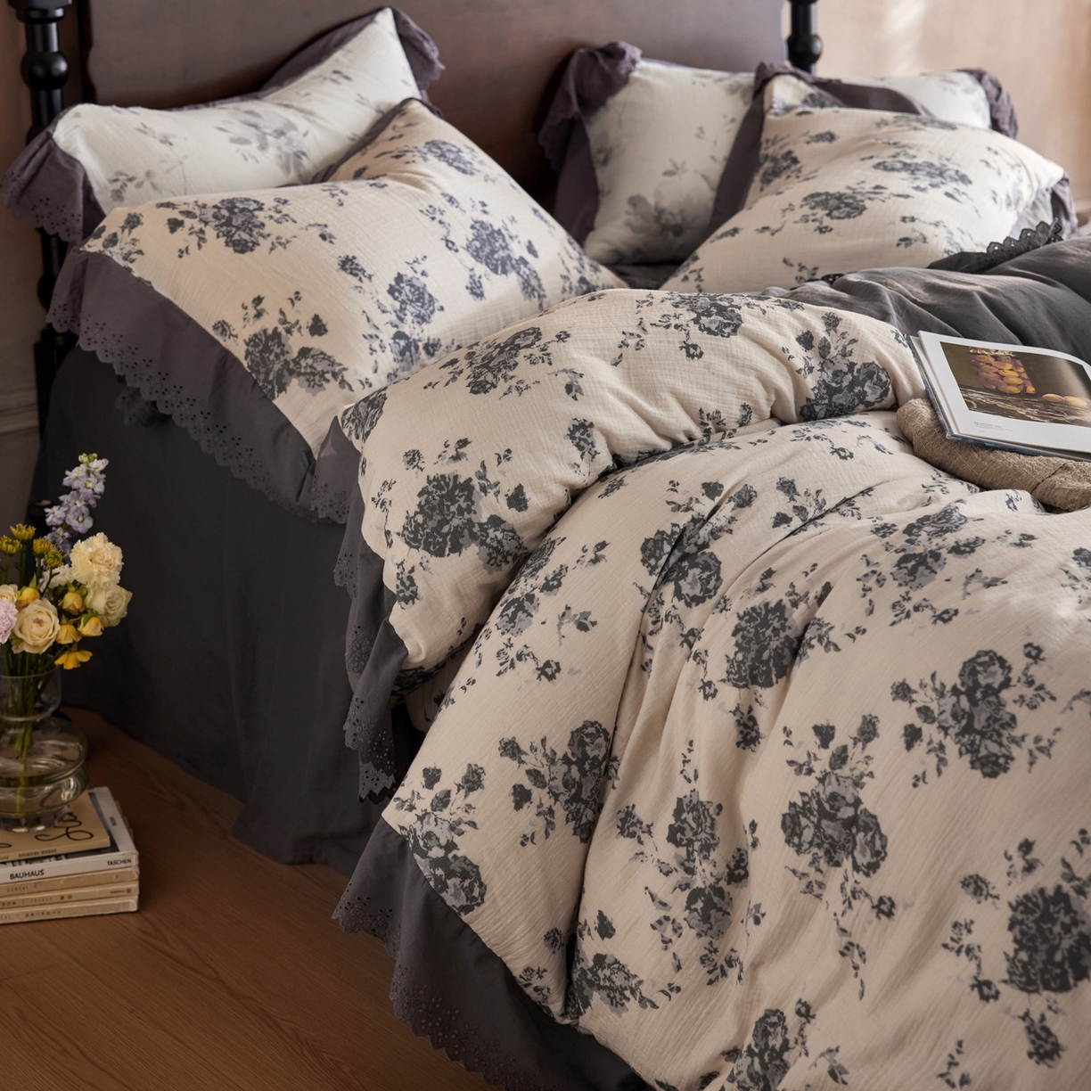 91家纺网 家纺一手货源 找家纺 （总）简纯主义 2025新款100%棉皱皱纱四件套-花甜系列