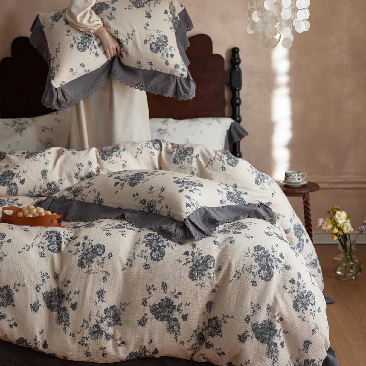 91家纺网 家纺一手货源 找家纺 （总）简纯主义 2025新款100%棉皱皱纱四件套-花甜系列