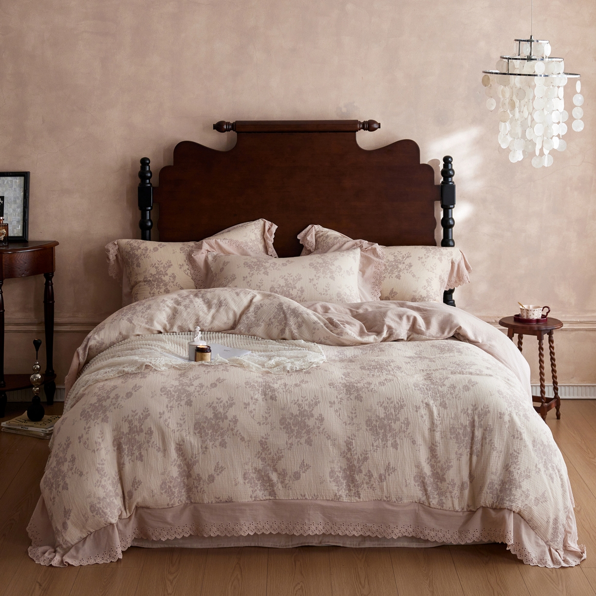 简纯主义 2025新款100%棉皱皱纱四件套-花甜系列 枝瑶粉