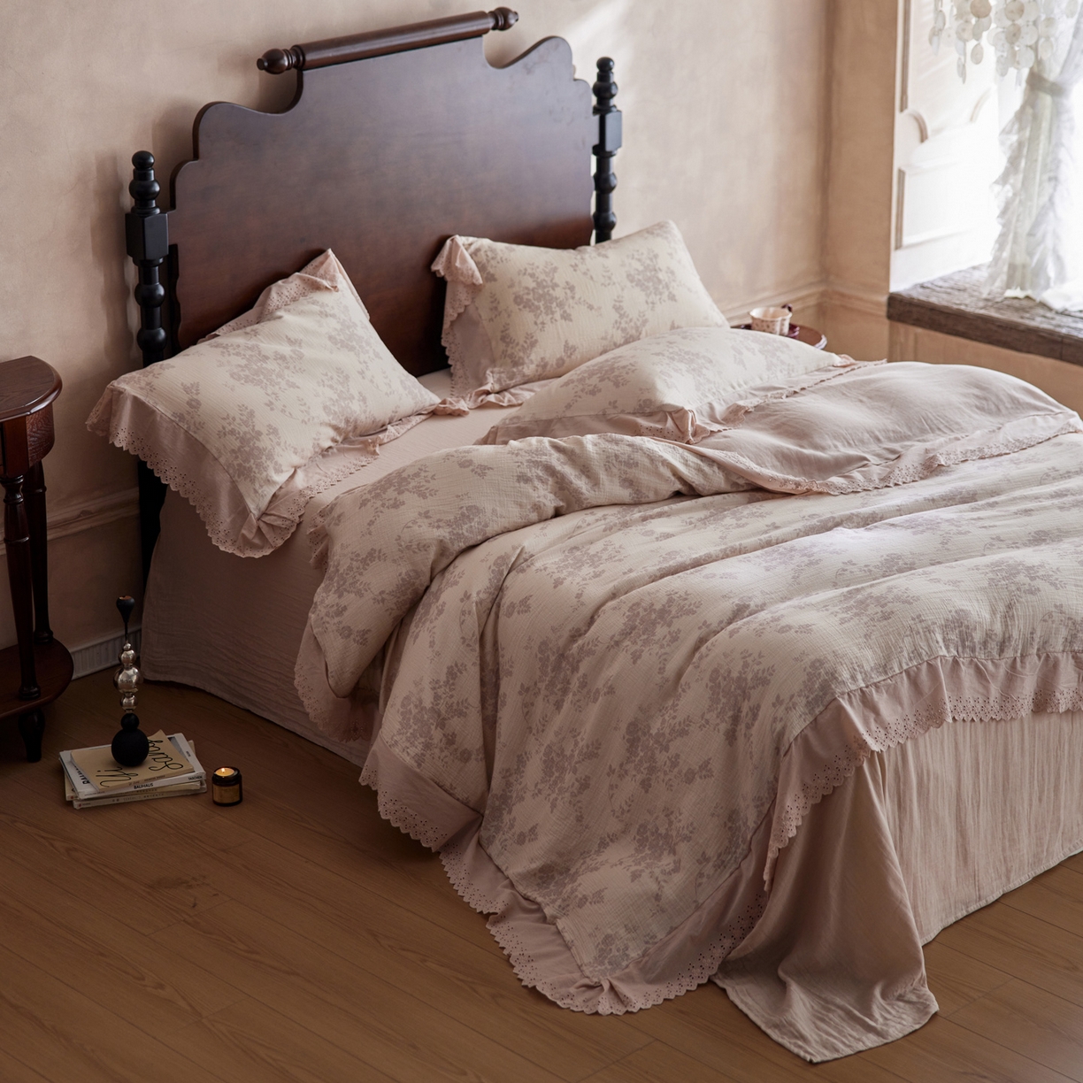 91家纺网 家纺一手货源 找家纺 简纯主义 2025新款100%棉皱皱纱四件套-花甜系列 枝瑶粉