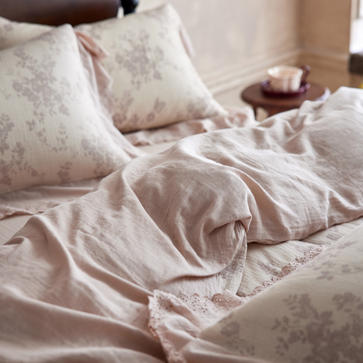 91家纺网 家纺一手货源 找家纺 简纯主义 2025新款100%棉皱皱纱四件套-花甜系列 枝瑶粉