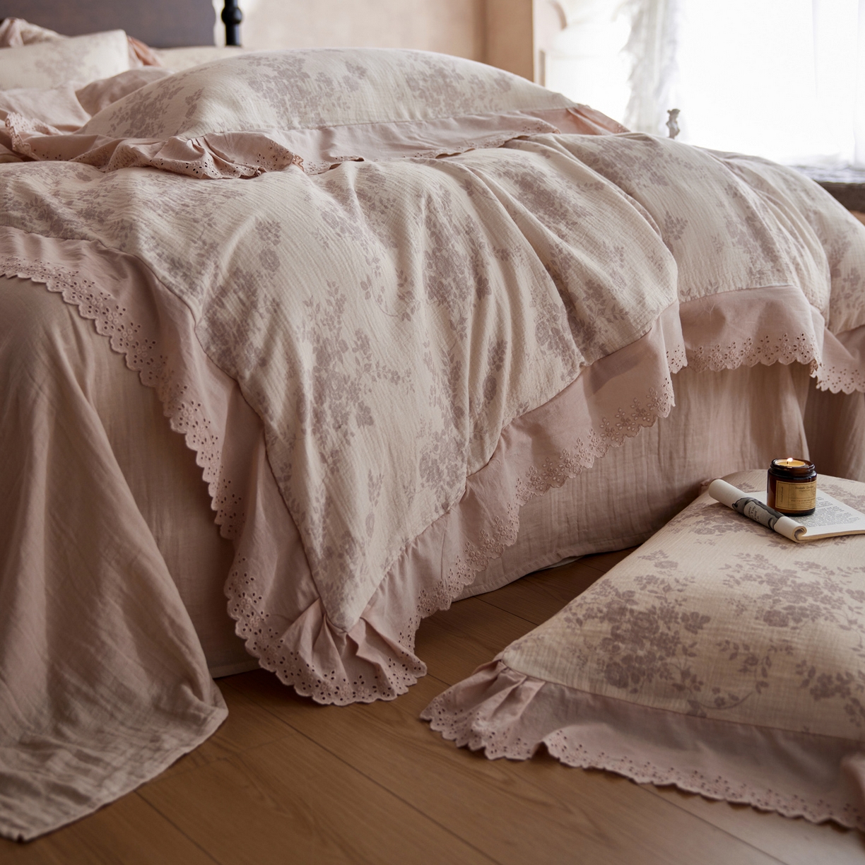 91家纺网 家纺一手货源 找家纺 简纯主义 2025新款100%棉皱皱纱四件套-花甜系列 枝瑶粉