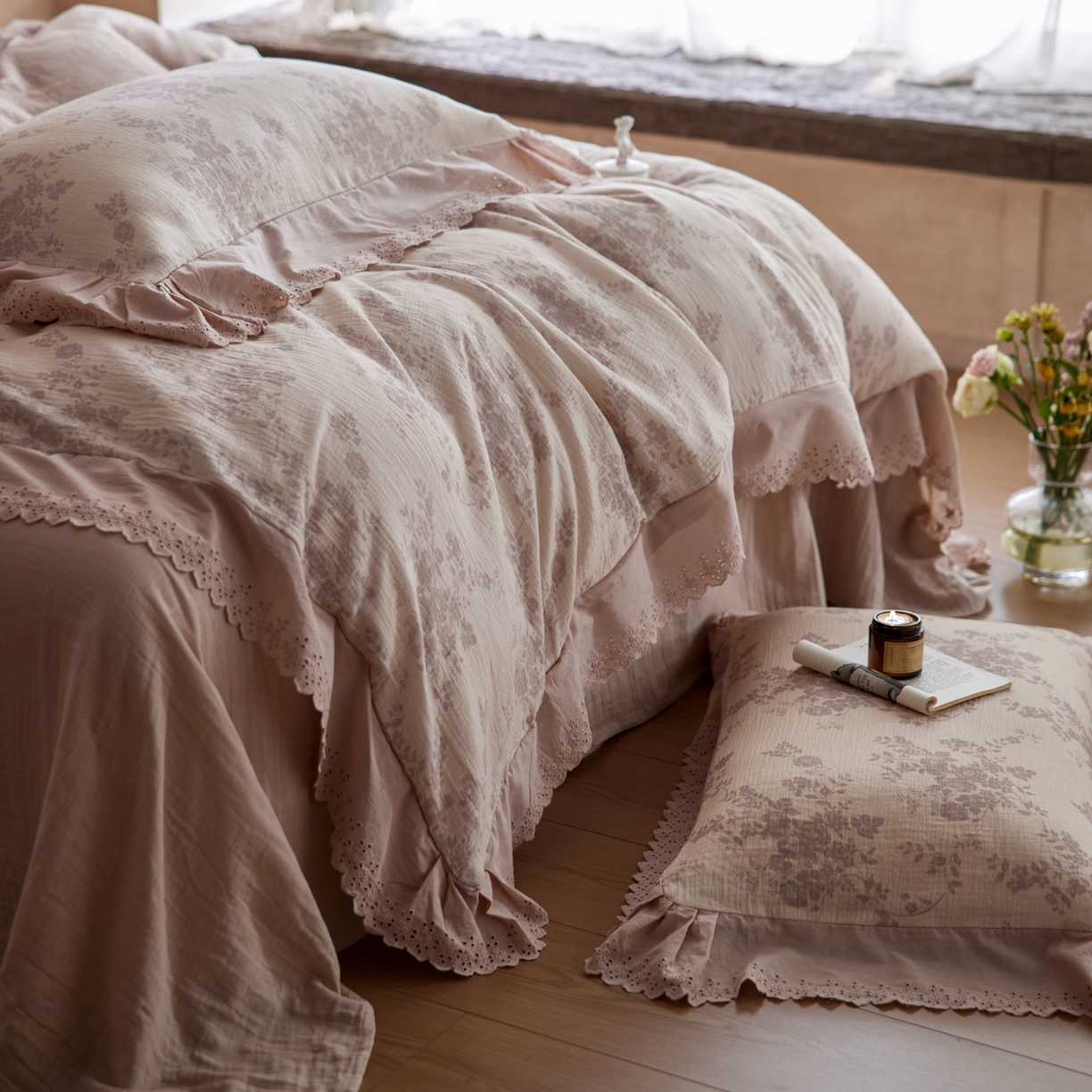 91家纺网 家纺一手货源 找家纺 简纯主义 2025新款100%棉皱皱纱四件套-花甜系列 枝瑶粉