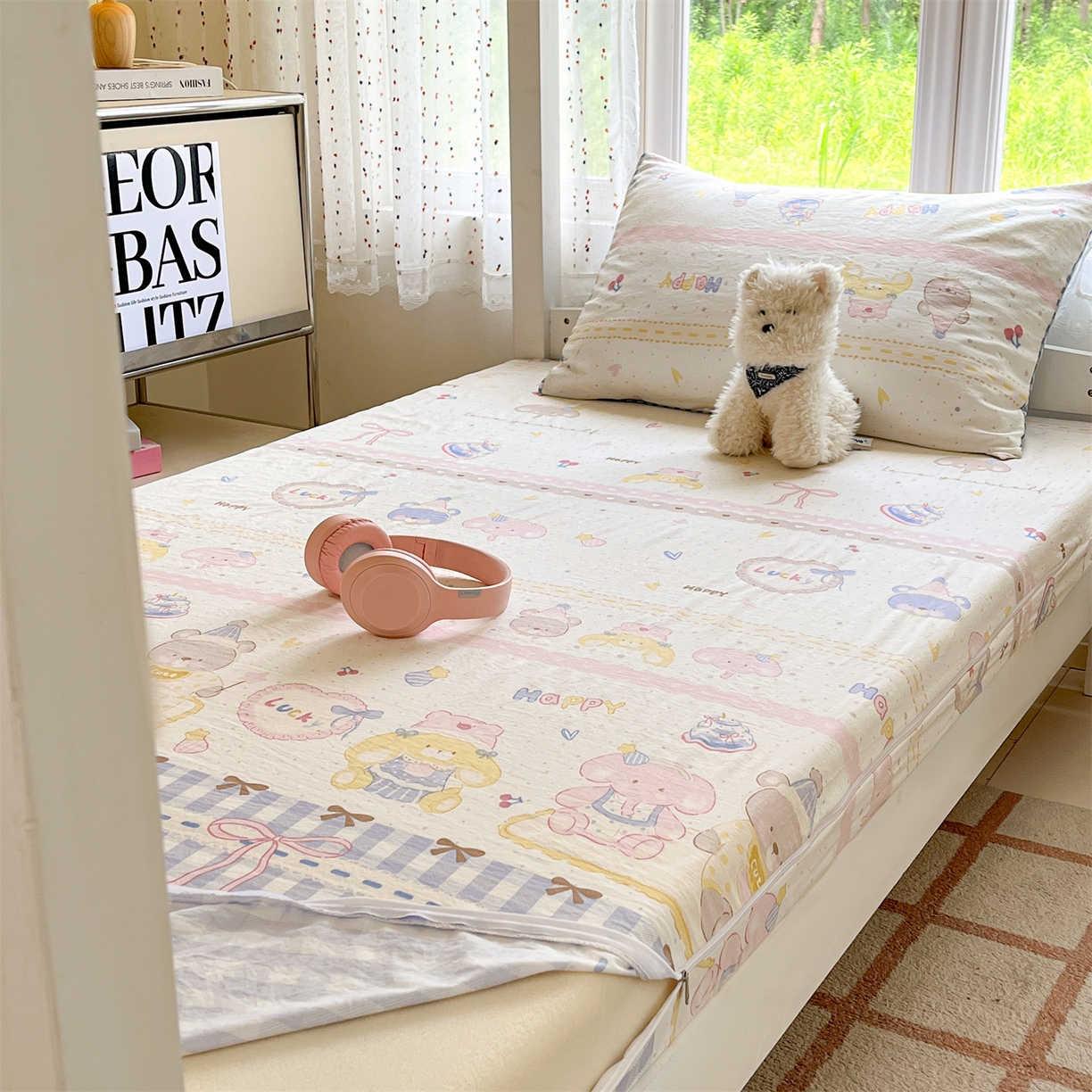 91家纺网 家纺一手货源 找家纺 盛秋家纺 2025新款水洗棉卡通学生小三套套件 开心派对+蓝小格