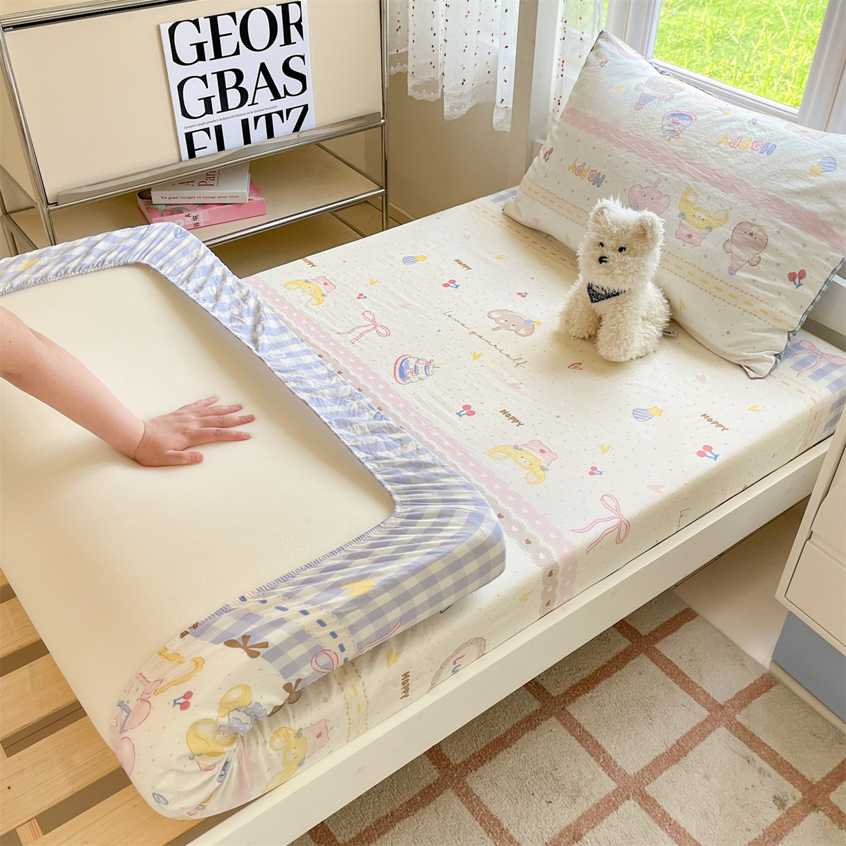 91家纺网 家纺一手货源 找家纺 盛秋家纺 2025新款水洗棉卡通学生小三套套件 开心派对+蓝小格