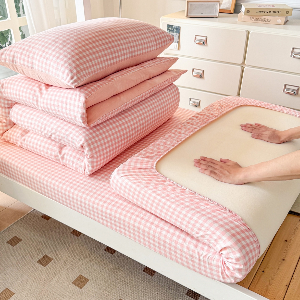 91家纺网 家纺一手货源 找家纺 （总）盛秋家纺 2025新款水洗棉格子学生小三套套件