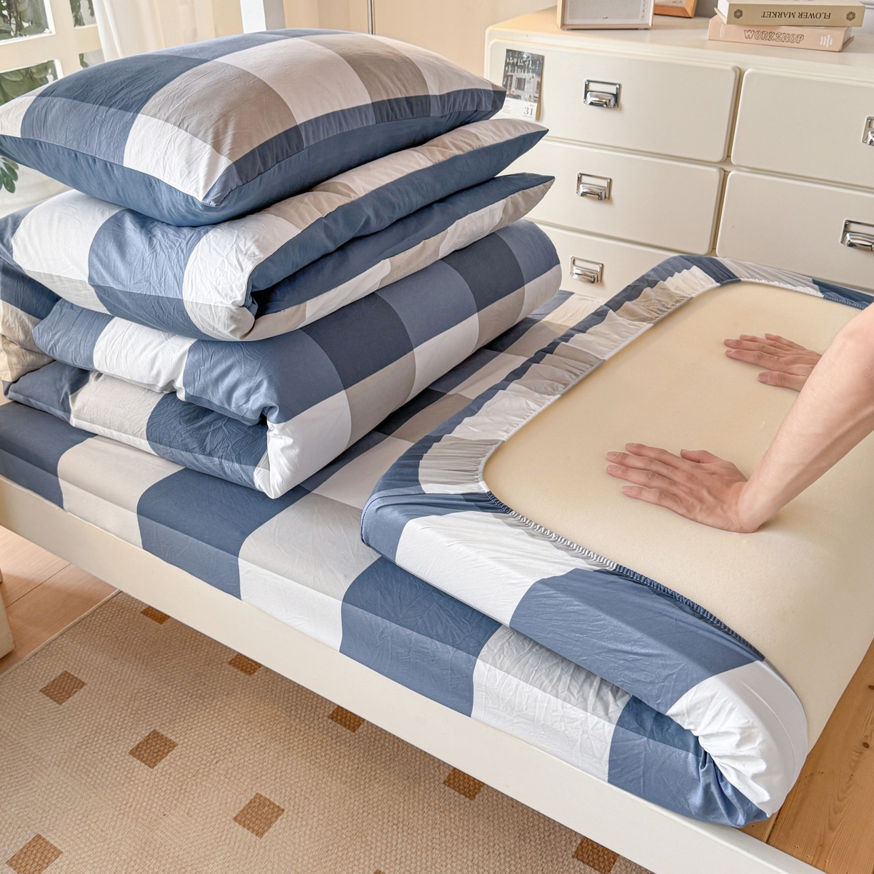 91家纺网 家纺一手货源 找家纺 （总）盛秋家纺 2025新款水洗棉格子学生小三套套件