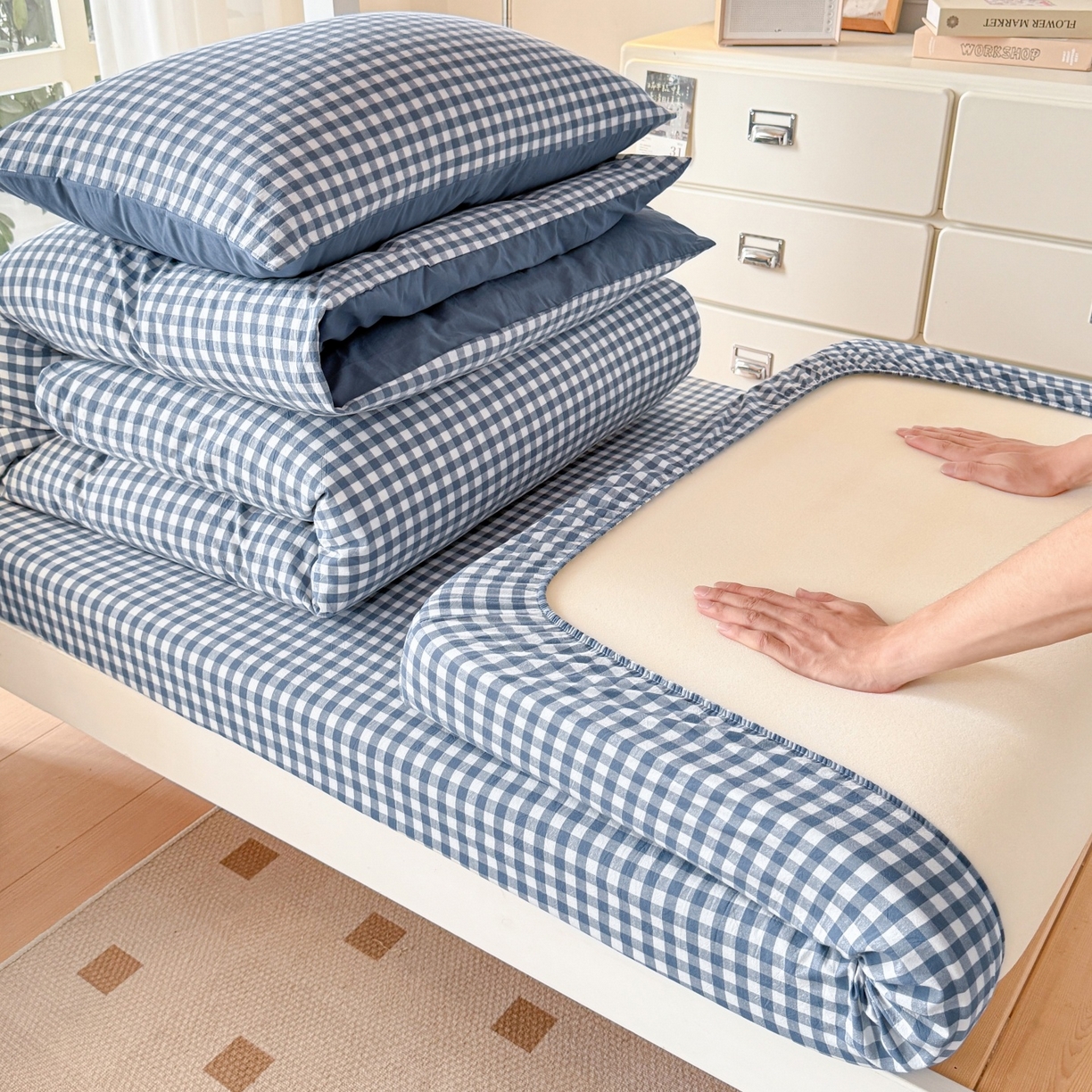 91家纺网 家纺一手货源 找家纺 （总）盛秋家纺 2025新款水洗棉格子学生小三套套件