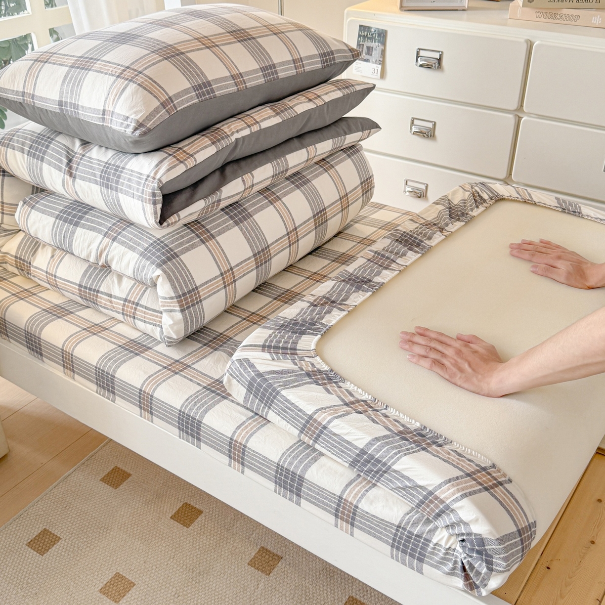 91家纺网 家纺一手货源 找家纺 （总）盛秋家纺 2025新款水洗棉格子学生小三套套件