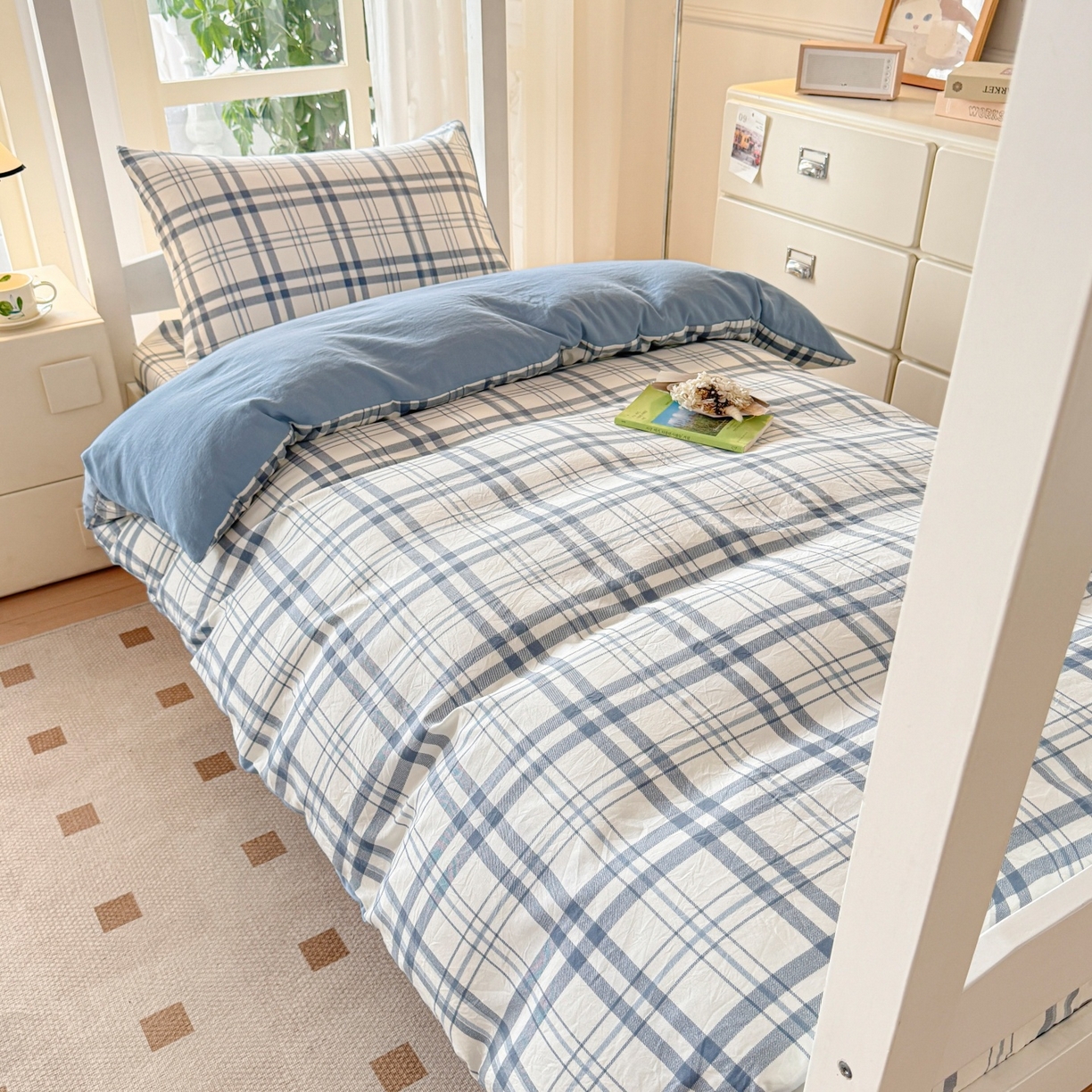 91家纺网 家纺一手货源 找家纺 盛秋家纺 2025新款水洗棉格子学生小三套套件 蓝调+海清