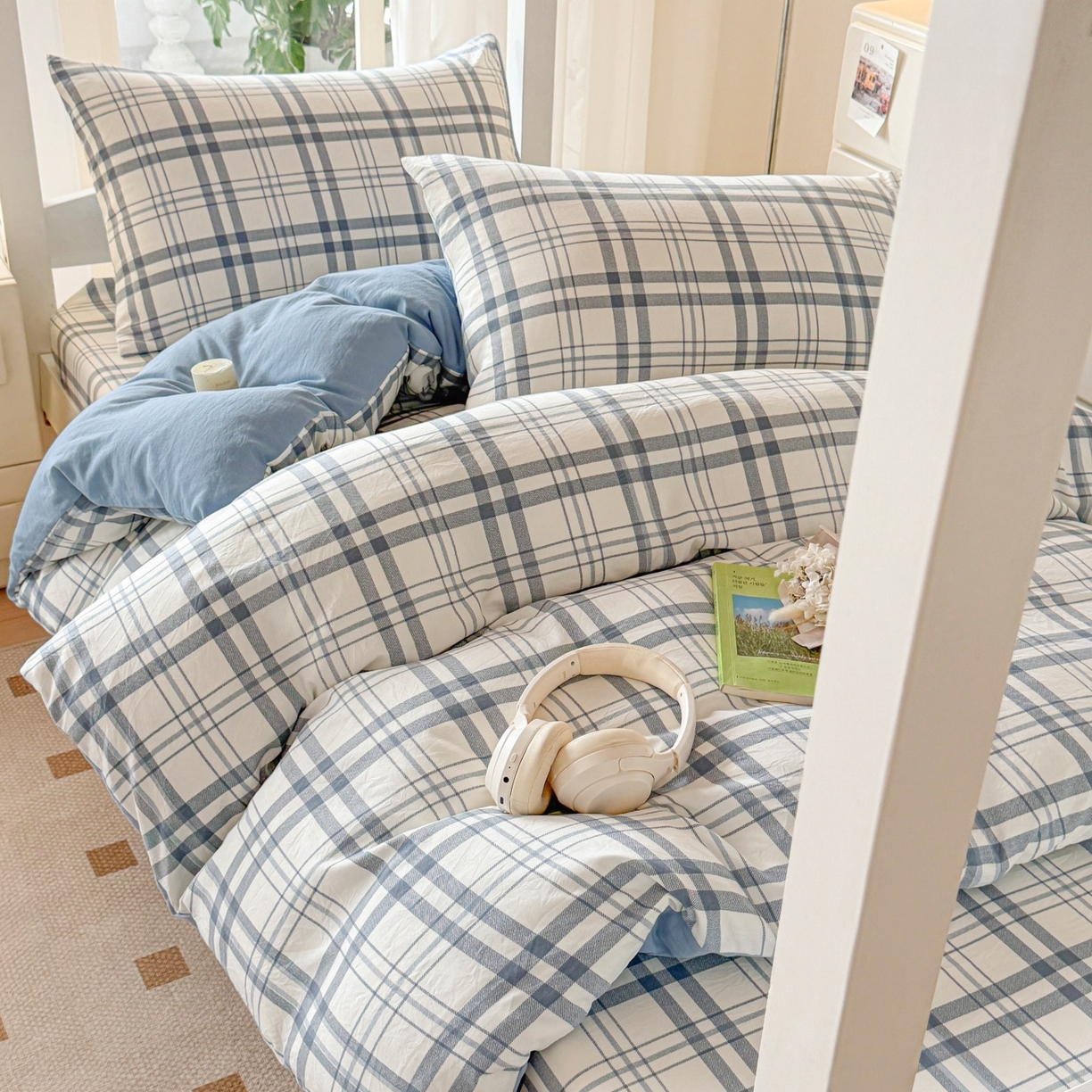 91家纺网 家纺一手货源 找家纺 盛秋家纺 2025新款水洗棉格子学生小三套套件 蓝调+海清