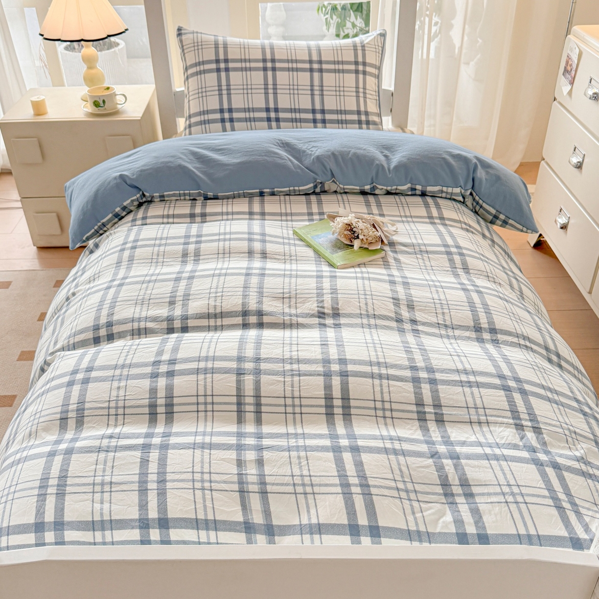 91家纺网 家纺一手货源 找家纺 盛秋家纺 2025新款水洗棉格子学生小三套套件 蓝调+海清