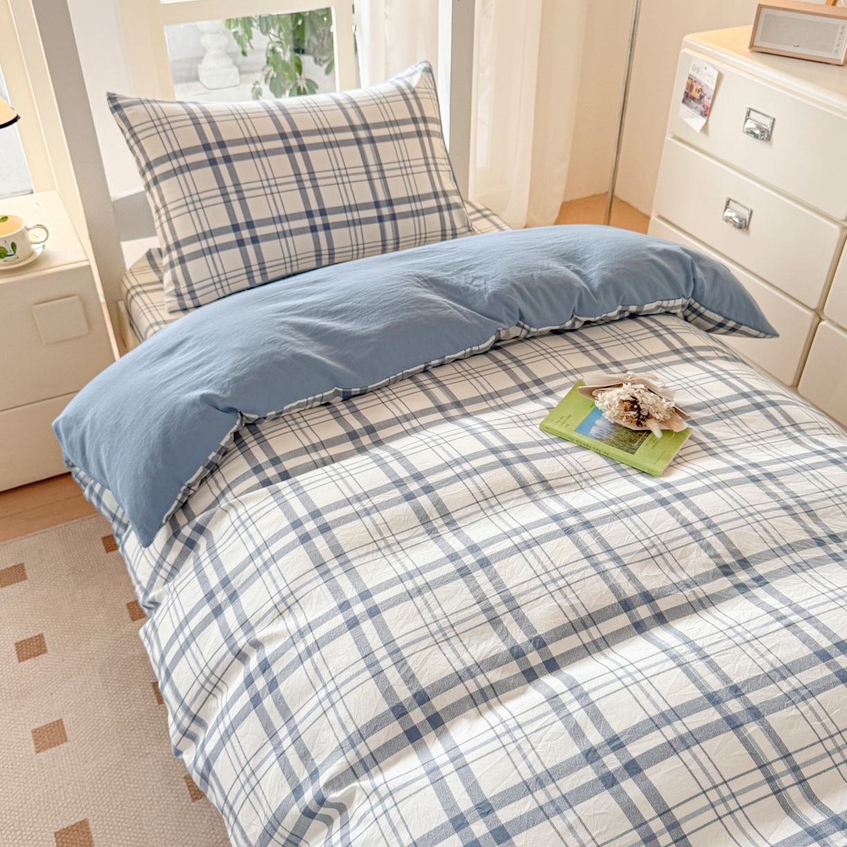 91家纺网 家纺一手货源 找家纺 盛秋家纺 2025新款水洗棉格子学生小三套套件 蓝调+海清