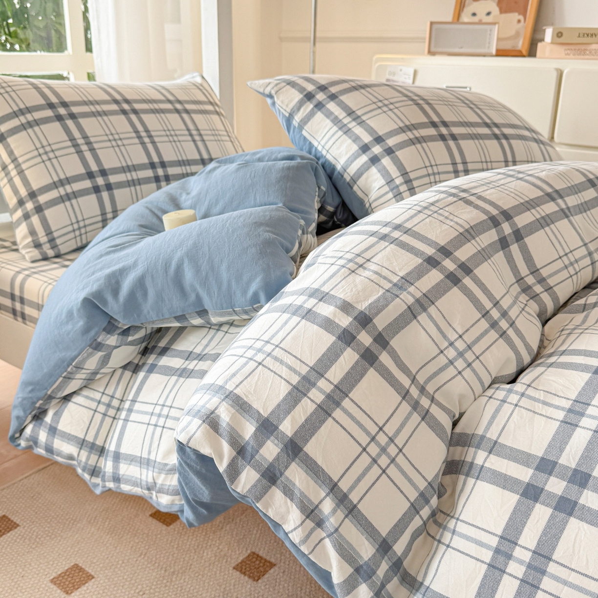 91家纺网 家纺一手货源 找家纺 盛秋家纺 2025新款水洗棉格子学生小三套套件 蓝调+海清