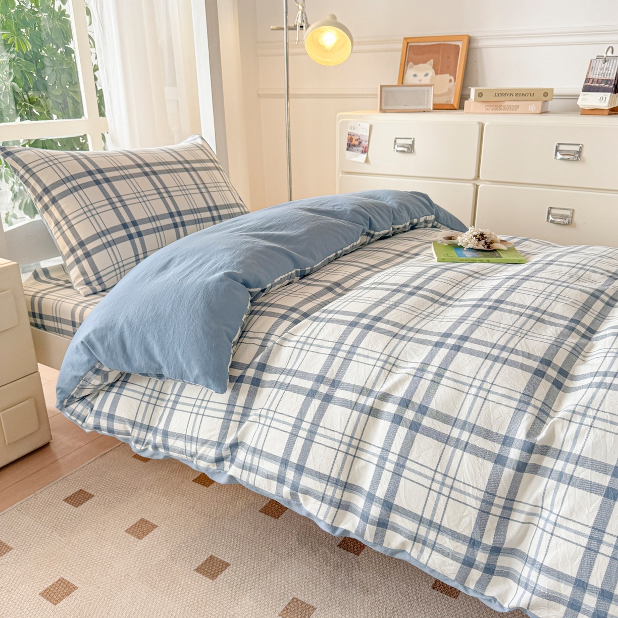 91家纺网 家纺一手货源 找家纺 盛秋家纺 2025新款水洗棉格子学生小三套套件 蓝调+海清