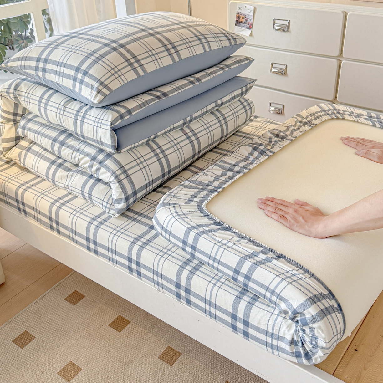 盛秋家纺 2025新款水洗棉格子学生小三套套件 蓝调+海清