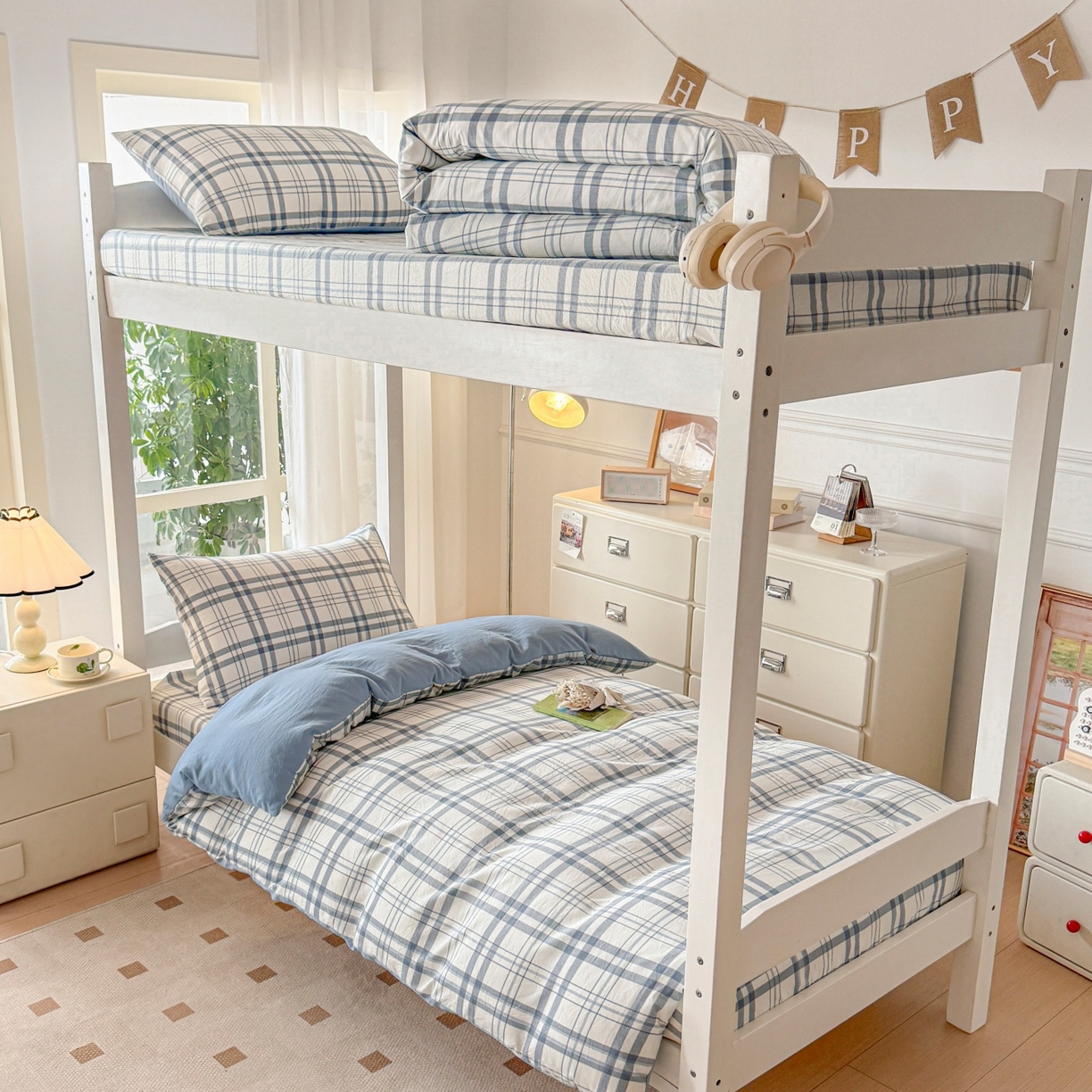 91家纺网 家纺一手货源 找家纺 盛秋家纺 2025新款水洗棉格子学生小三套套件 蓝调+海清