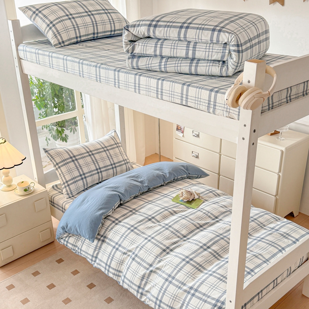 91家纺网 家纺一手货源 找家纺 盛秋家纺 2025新款水洗棉格子学生小三套套件 蓝调+海清