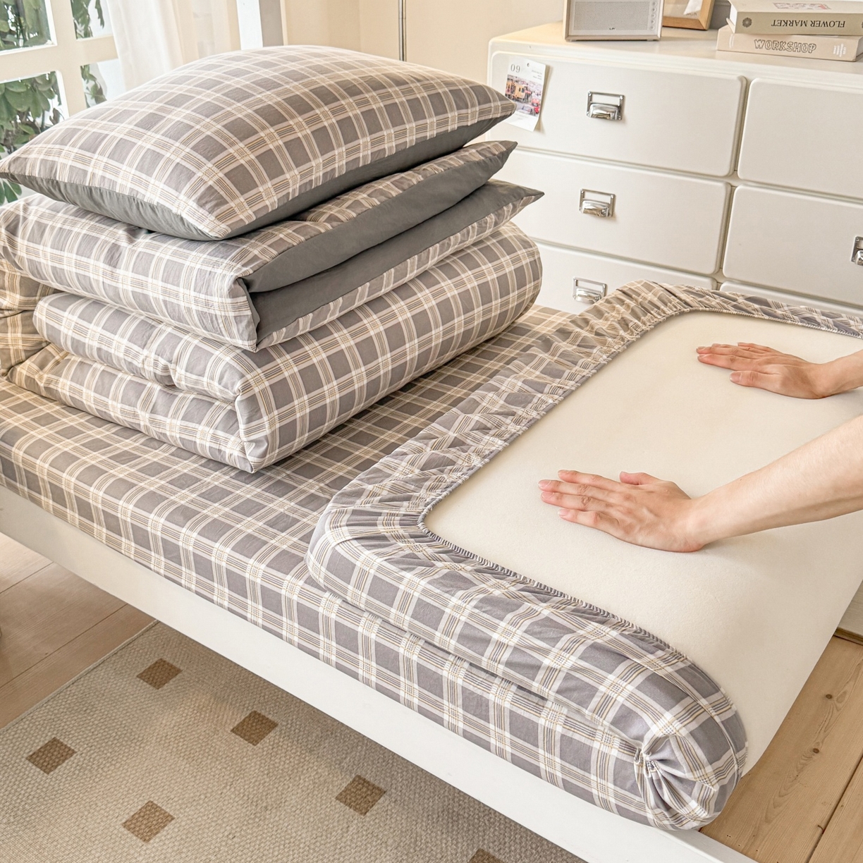 盛秋家纺 2025新款水洗棉格子学生小三套套件 保罗+中灰