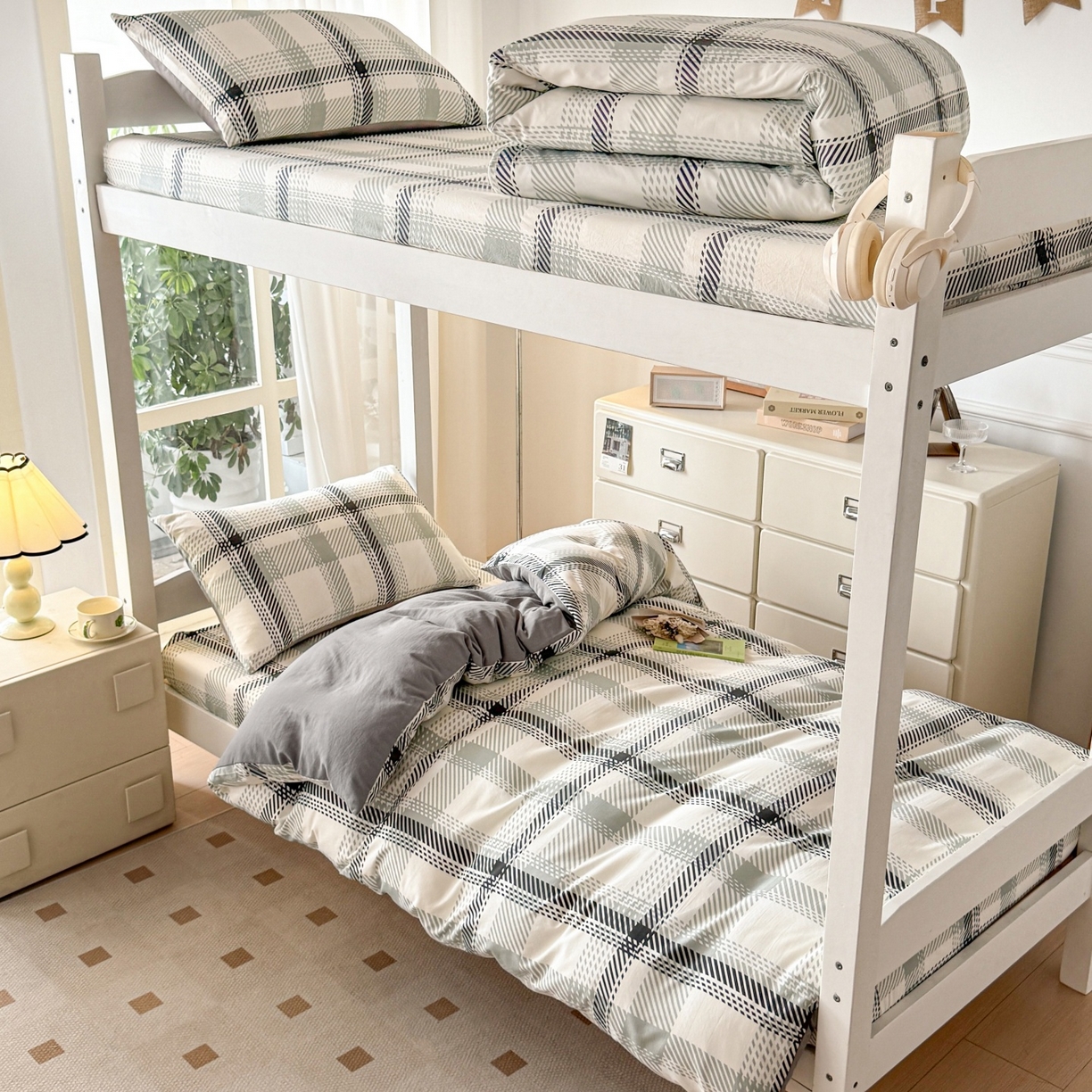 91家纺网 家纺一手货源 找家纺 盛秋家纺 2025新款水洗棉格子学生小三套套件 格瑞斯+中灰