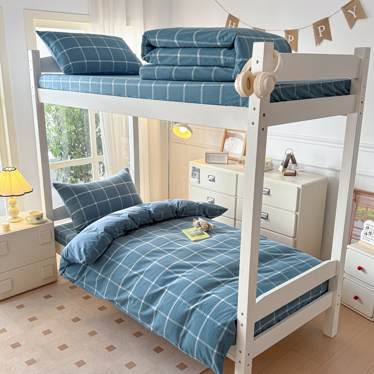 91家纺网 家纺一手货源 找家纺 盛秋家纺 2025新款水洗棉格子学生小三套套件 灰大格+蓝灰