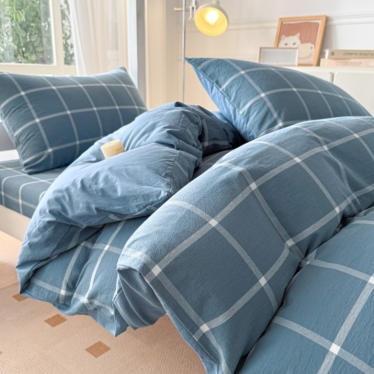 91家纺网 家纺一手货源 找家纺 盛秋家纺 2025新款水洗棉格子学生小三套套件 灰大格+蓝灰