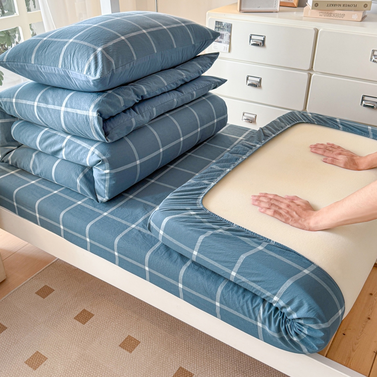 盛秋家纺 2025新款水洗棉格子学生小三套套件 灰大格+蓝灰