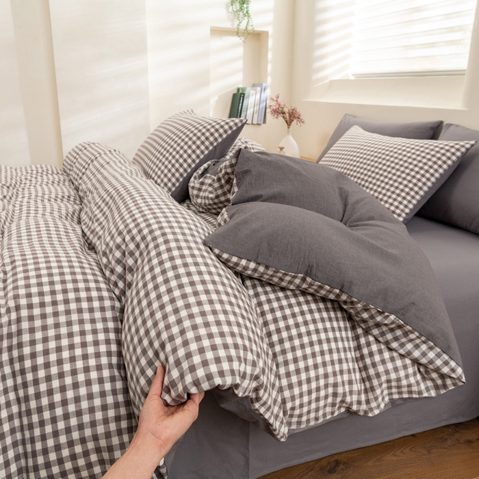 91家纺网 家纺一手货源 找家纺 居美良品 2025新款色织全棉水洗棉四件套 灰小格