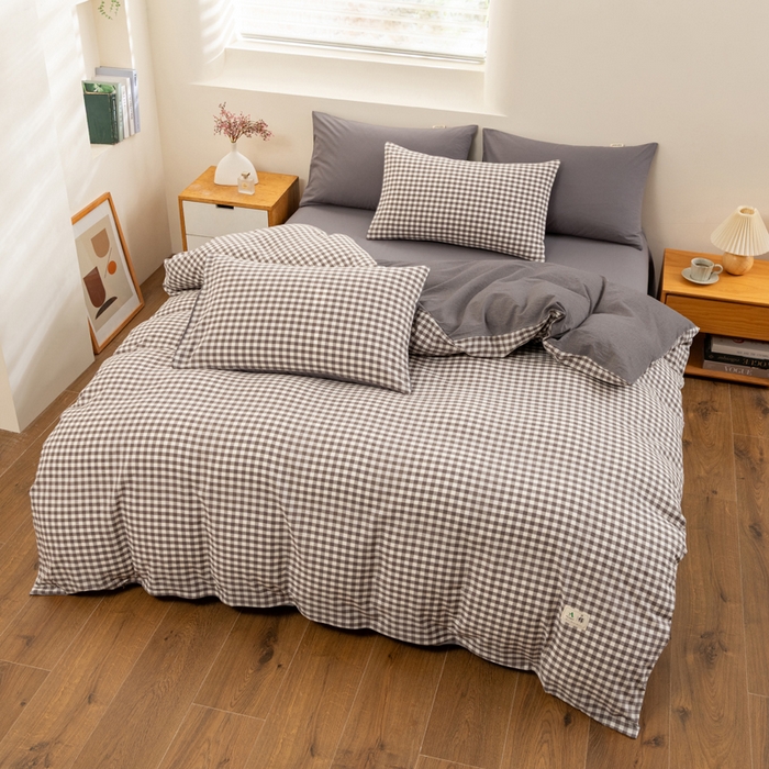 91家纺网 家纺一手货源 找家纺 居美良品 2025新款色织全棉水洗棉四件套 灰小格