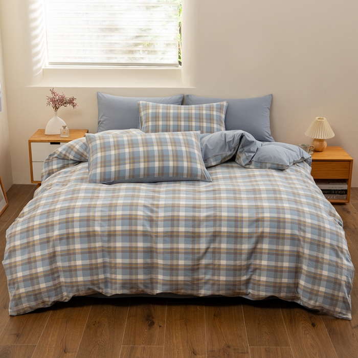 91家纺网 家纺一手货源 找家纺 居美良品 2025新款色织全棉水洗棉四件套 静雅-蓝