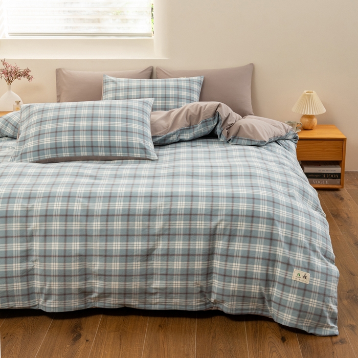 91家纺网 家纺一手货源 找家纺 居美良品 2025新款色织全棉水洗棉四件套 迷雾-蓝