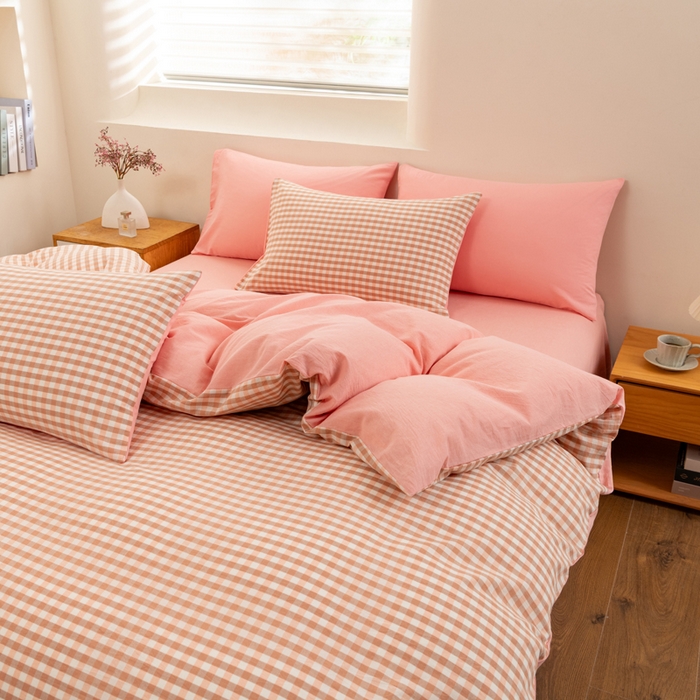 91家纺网 家纺一手货源 找家纺 居美良品 2025新款色织全棉水洗棉四件套 米咖小格