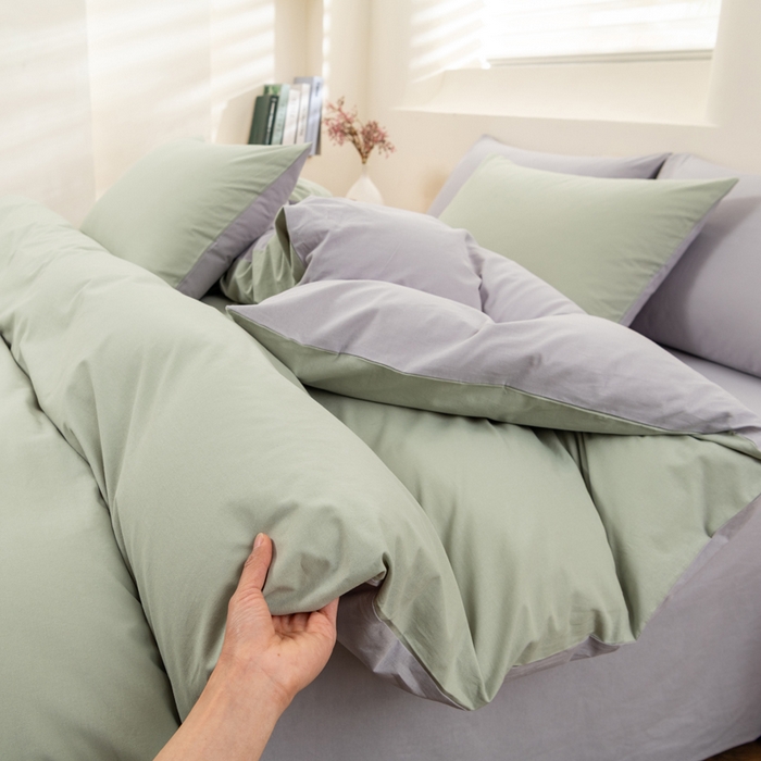 91家纺网 家纺一手货源 找家纺 居美良品 2025新款色织全棉水洗棉四件套 松绿-灰