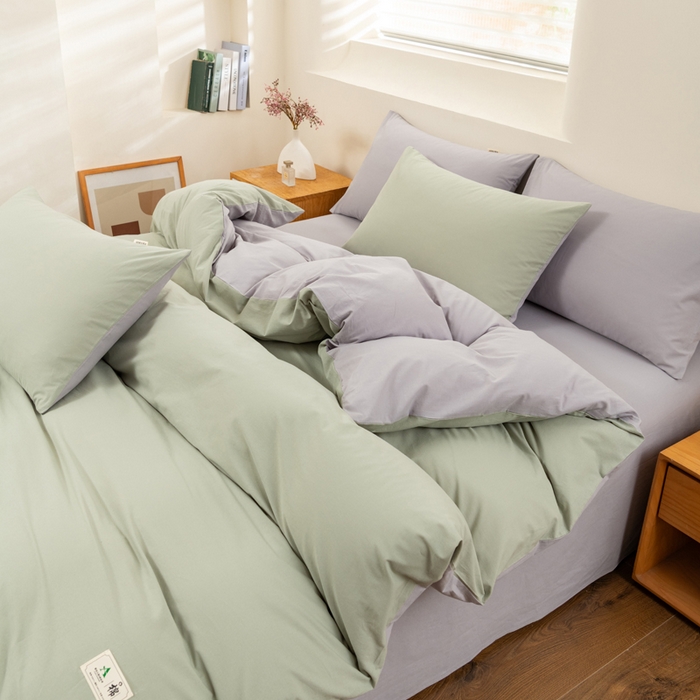 91家纺网 家纺一手货源 找家纺 居美良品 2025新款色织全棉水洗棉四件套 松绿-灰