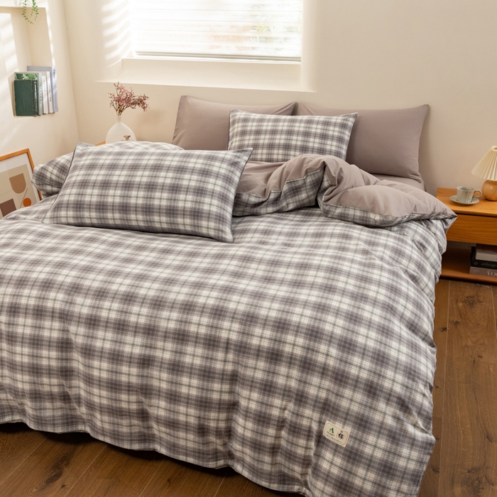 91家纺网 家纺一手货源 找家纺 居美良品 2025新款色织全棉水洗棉四件套 烟雨-灰