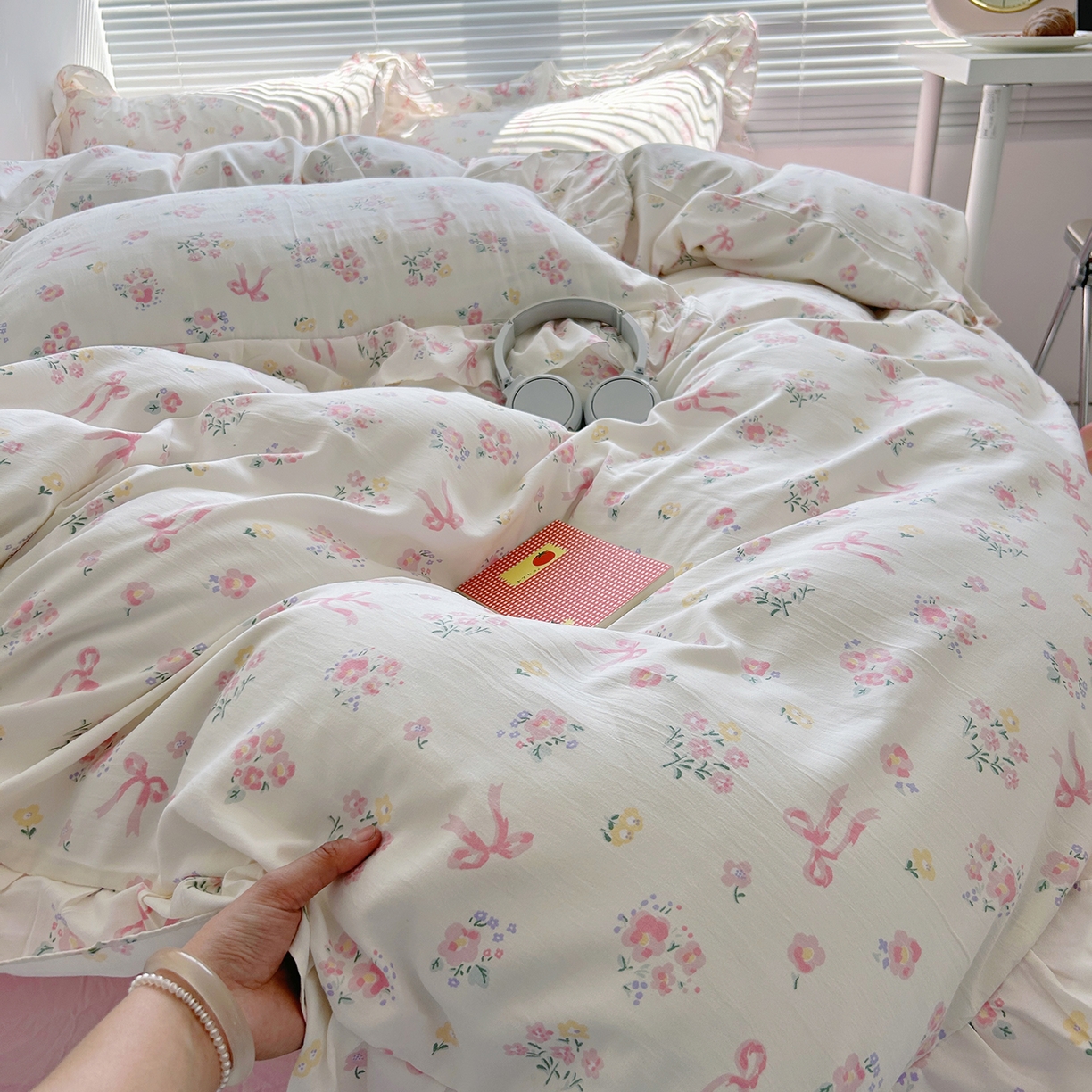 91家纺网 家纺一手货源 找家纺 芷凡家纺2025新款A类加厚超柔水洗棉花边款韩式四件套-风格二 蝶语