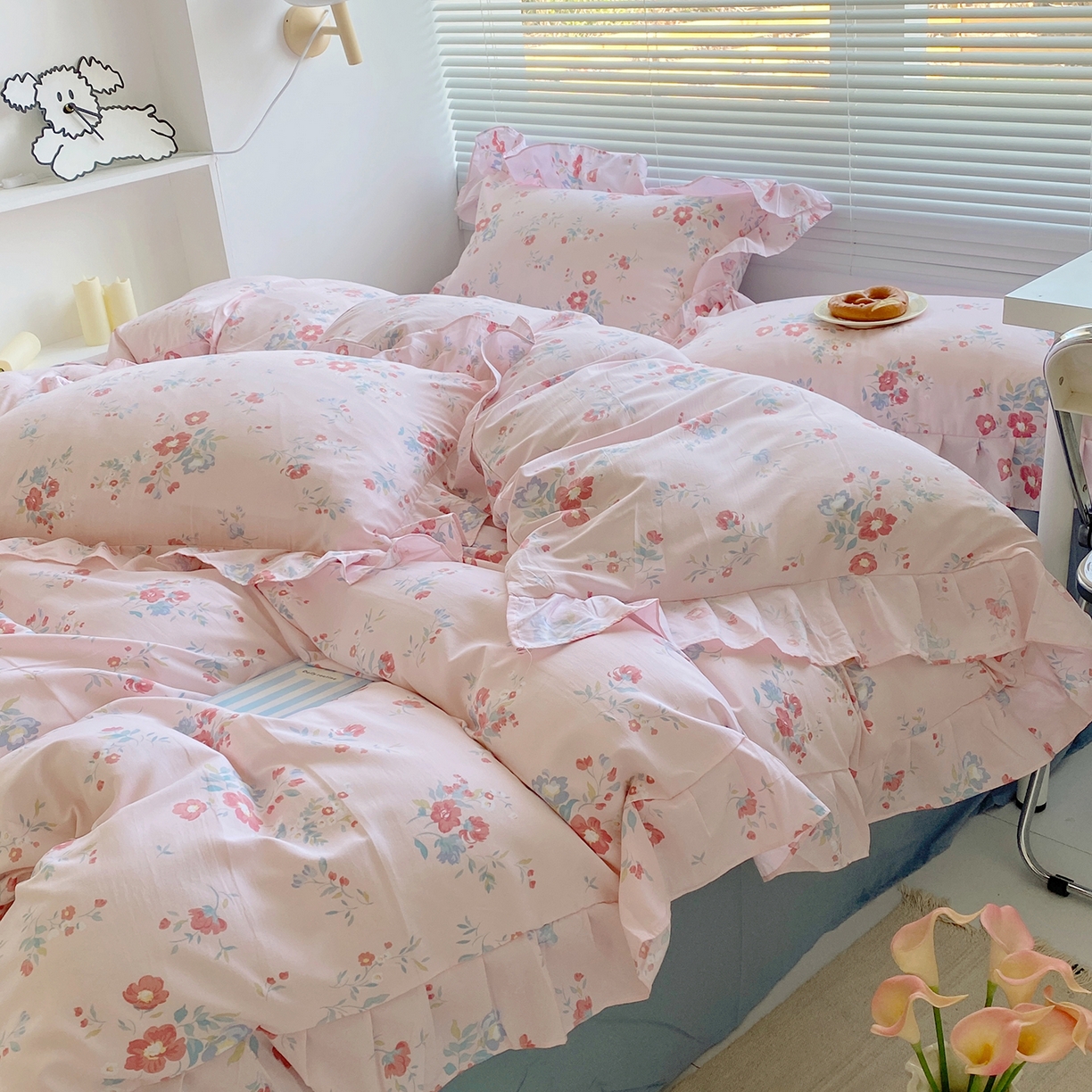 91家纺网 家纺一手货源 找家纺 芷凡家纺2025新款A类加厚超柔水洗棉花边款韩式四件套-风格二 夕颜