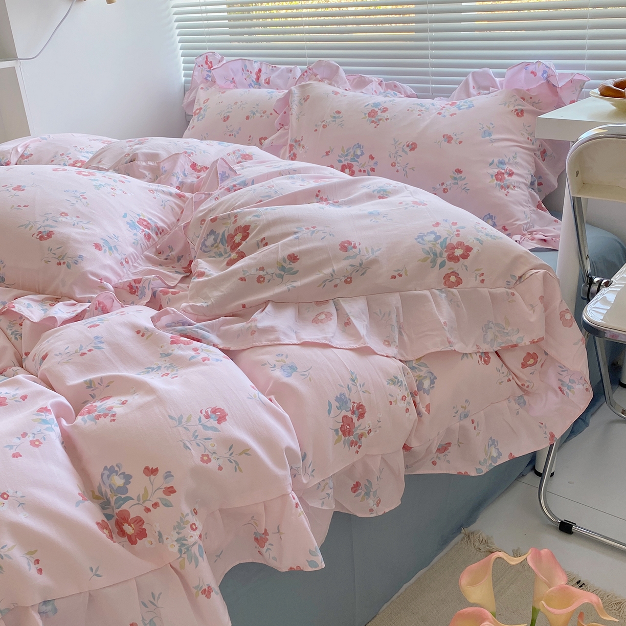 91家纺网 家纺一手货源 找家纺 芷凡家纺2025新款A类加厚超柔水洗棉花边款韩式四件套-风格二 夕颜