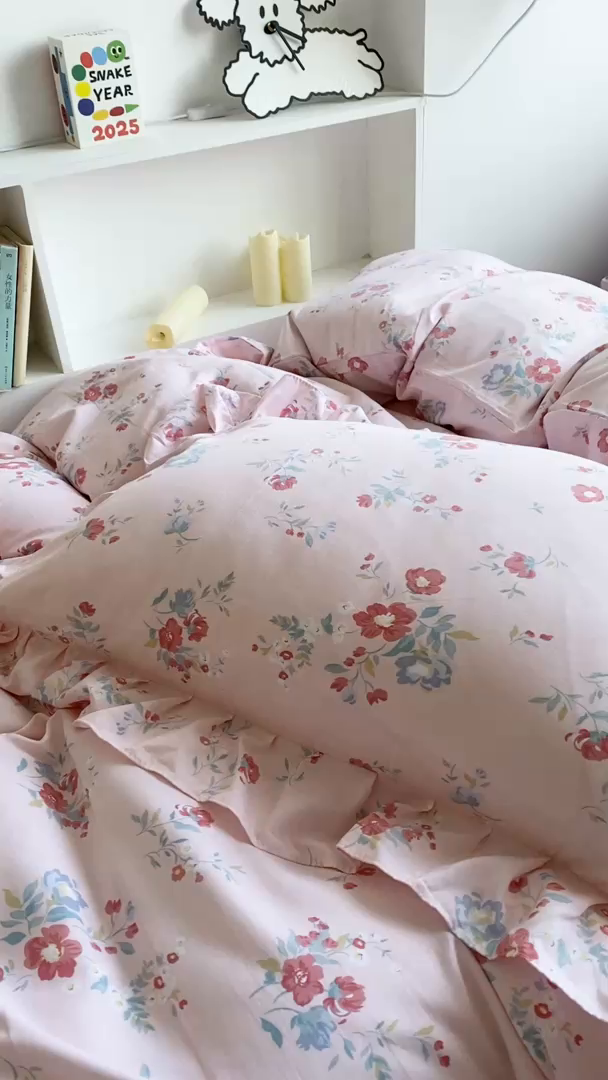 91家纺网 家纺一手货源 找家纺 芷凡家纺2025新款A类加厚超柔水洗棉花边款韩式四件套-风格二 夕颜