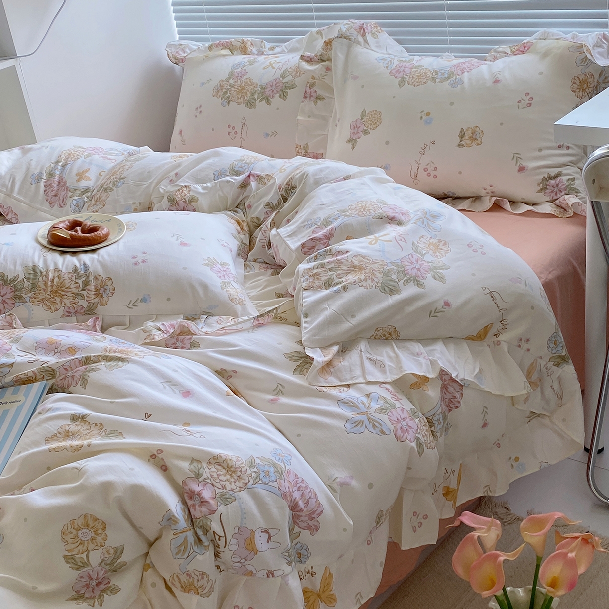 91家纺网 家纺一手货源 找家纺 芷凡家纺2025新款A类加厚超柔水洗棉花边款韩式四件套-风格二 忧乐花语