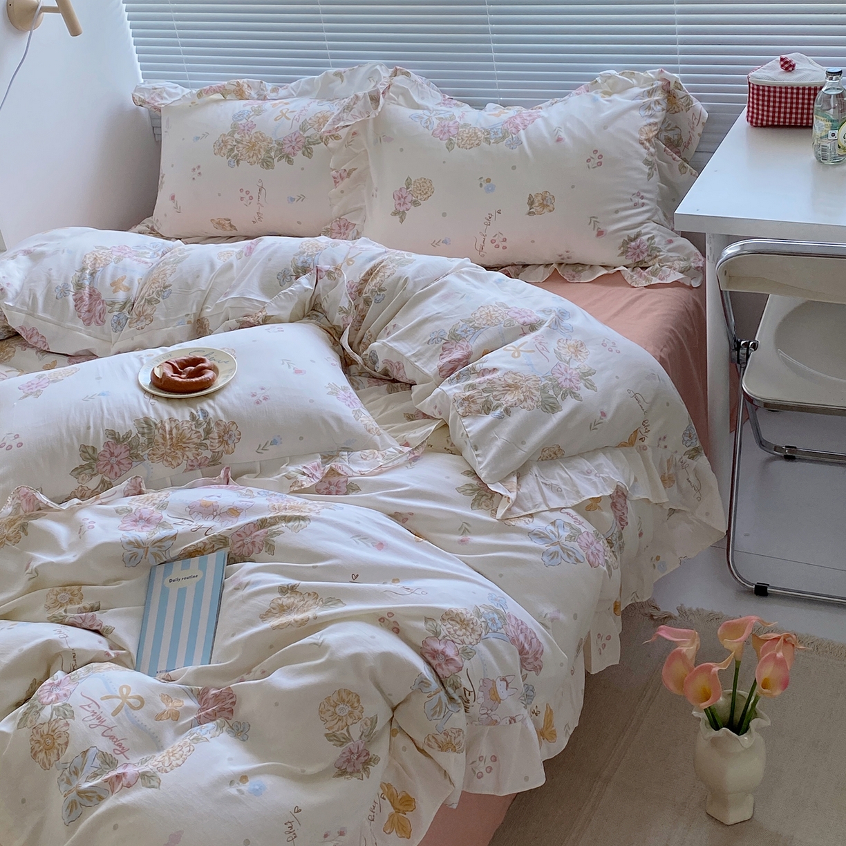 91家纺网 家纺一手货源 找家纺 芷凡家纺2025新款A类加厚超柔水洗棉花边款韩式四件套-风格二 忧乐花语