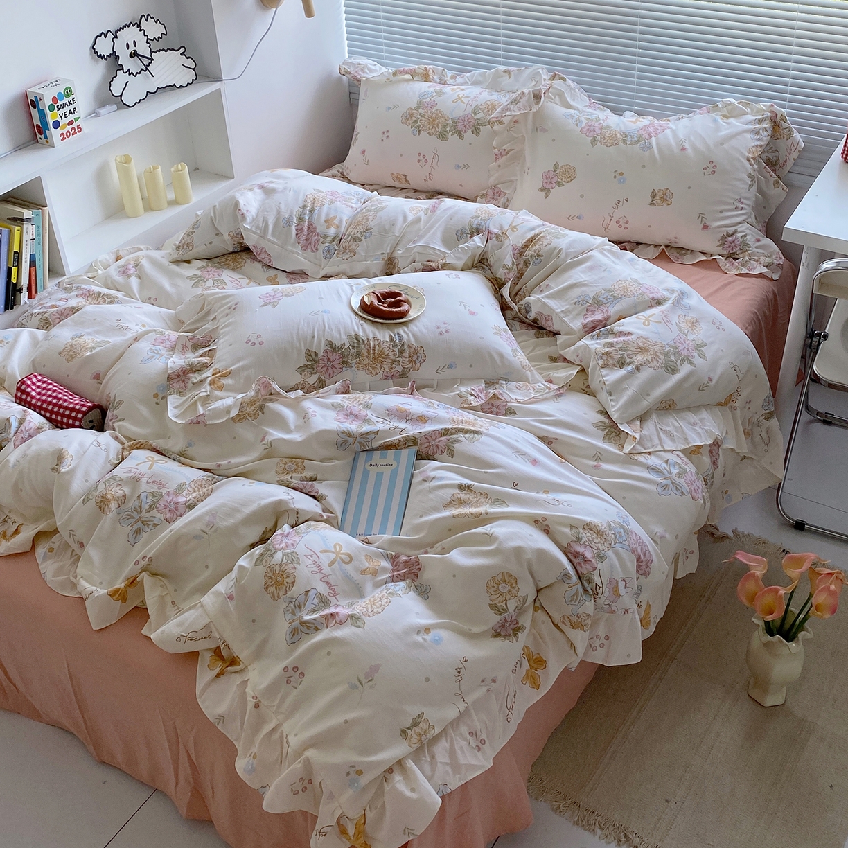 91家纺网 家纺一手货源 找家纺 芷凡家纺2025新款A类加厚超柔水洗棉花边款韩式四件套-风格二 忧乐花语