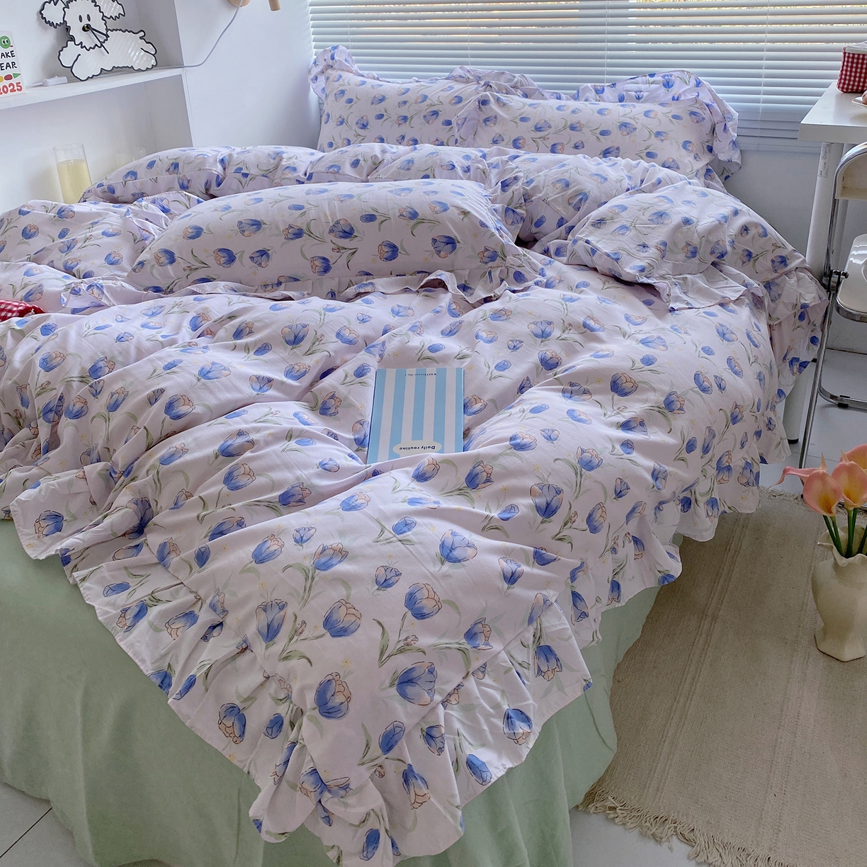 91家纺网 家纺一手货源 找家纺 芷凡家纺2025新款A类加厚超柔水洗棉花边款韩式四件套-风格二 郁金香