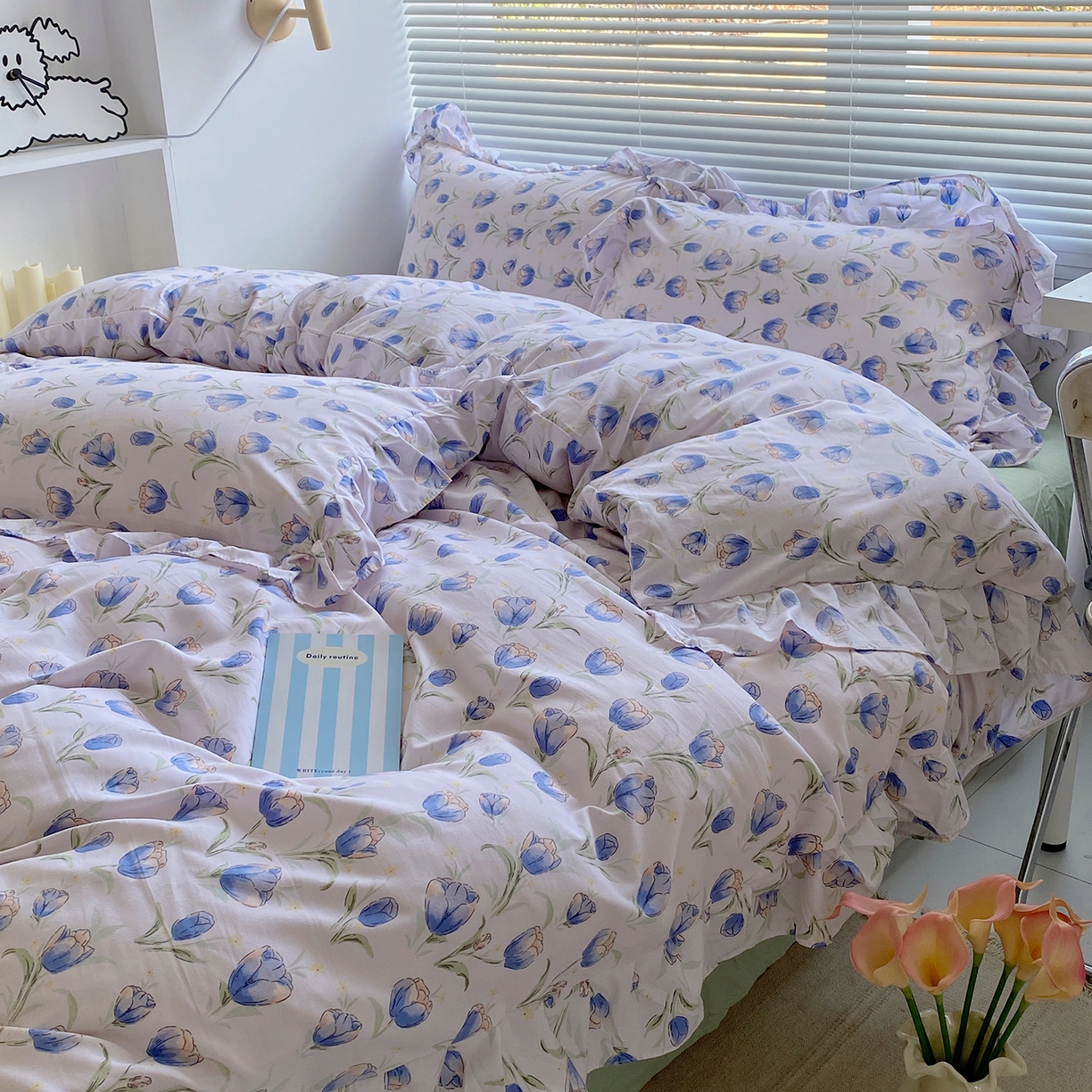 91家纺网 家纺一手货源 找家纺 芷凡家纺2025新款A类加厚超柔水洗棉花边款韩式四件套-风格二 郁金香