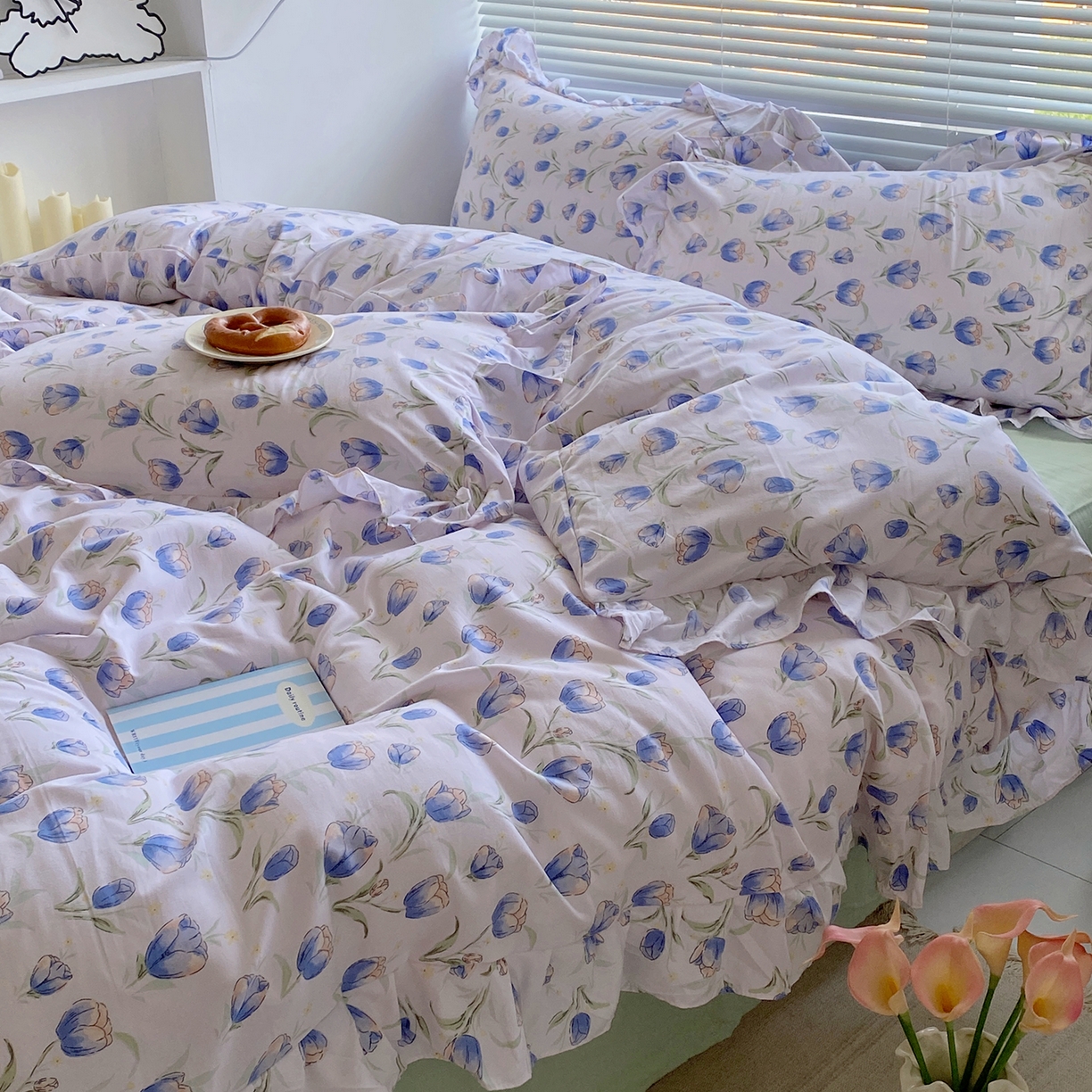 91家纺网 家纺一手货源 找家纺 芷凡家纺2025新款A类加厚超柔水洗棉花边款韩式四件套-风格二 郁金香