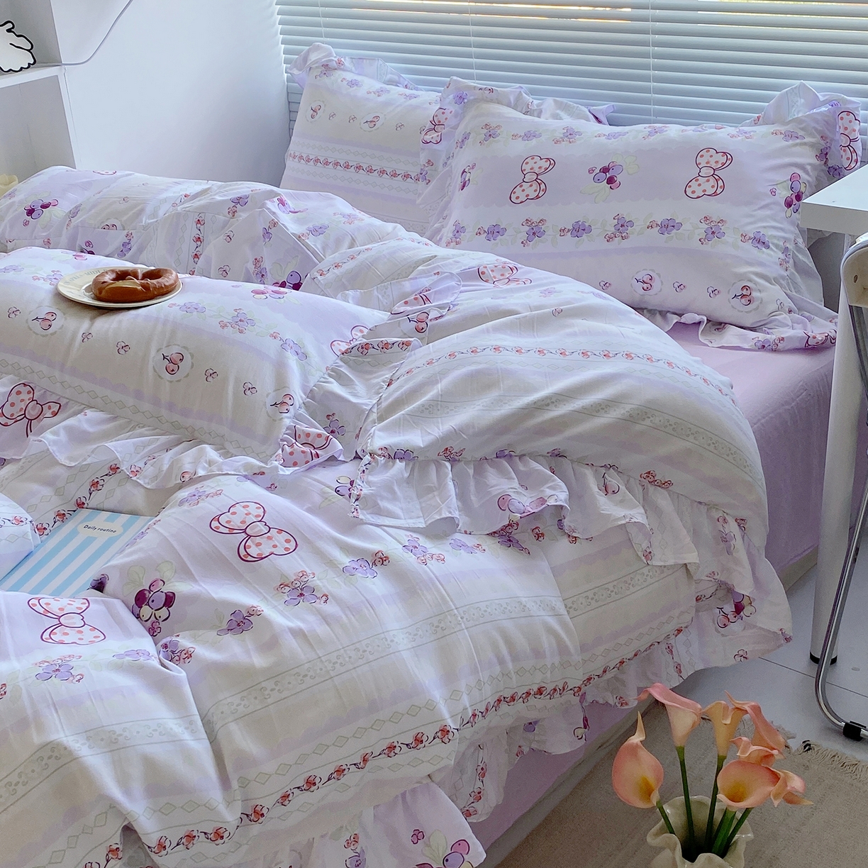 91家纺网 家纺一手货源 找家纺 芷凡家纺2025新款A类加厚超柔水洗棉花边款韩式四件套-风格二 芝士葡萄