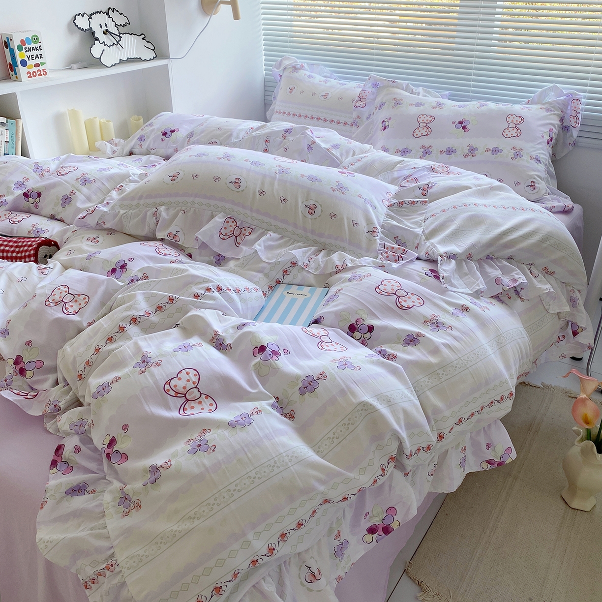 91家纺网 家纺一手货源 找家纺 芷凡家纺2025新款A类加厚超柔水洗棉花边款韩式四件套-风格二 芝士葡萄